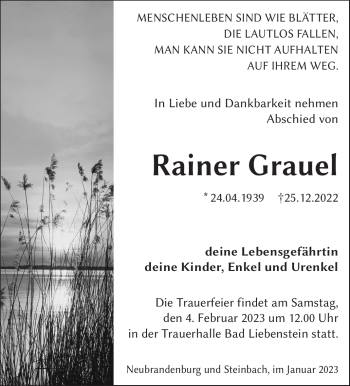Traueranzeige von Rainer Grauel von Südthüringer Presse