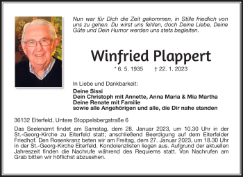 Traueranzeige von Winfried Plappert von Südthüringer Presse