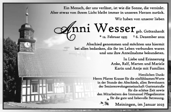 Traueranzeige von Anni Wesser von Südthüringer Presse