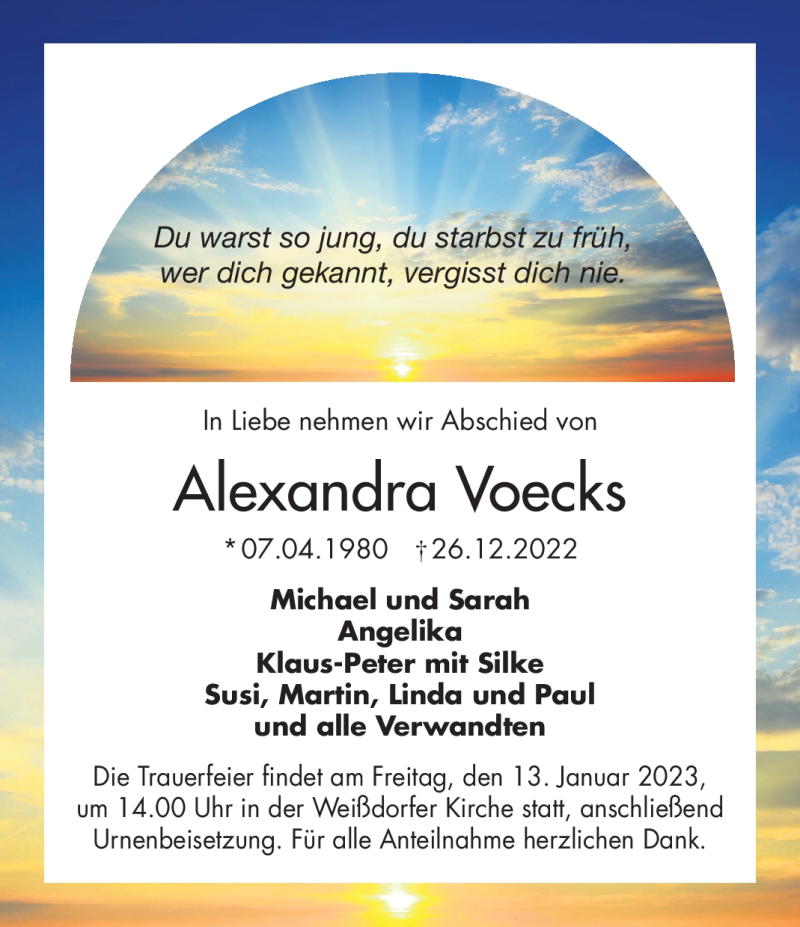  Traueranzeige für Alexandra Voecks vom 10.01.2023 aus Frankenpost