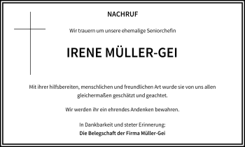 Traueranzeige von Irene Müller-Gei von Neue Presse Coburg