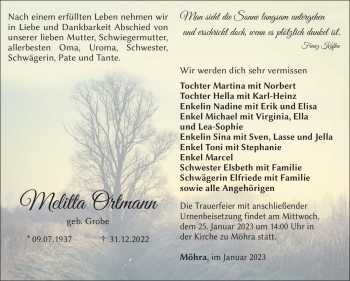 Traueranzeige von Melitta Ortmann von Südthüringer Presse
