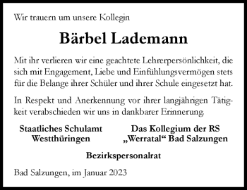 Traueranzeige von Bärbel Lademann von Südthüringer Presse