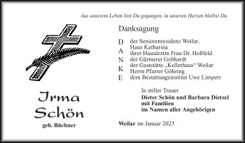 Traueranzeige von Irma Schön von Südthüringer Presse