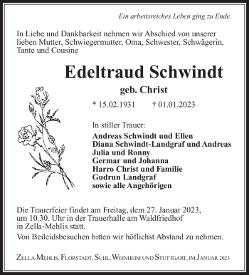Traueranzeige von Edeltraud Schwindt von Südthüringer Presse