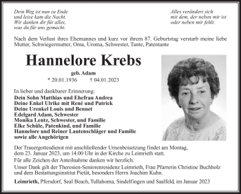 Traueranzeige von Hannelore Krebs von Südthüringer Presse