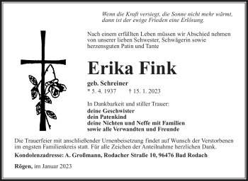 Traueranzeige von Erika Fink von Südthüringer Presse