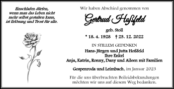 Traueranzeige von Gertrud Hoßfeld von Südthüringer Presse