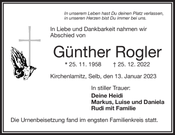 Traueranzeige von Günther Rogler von Frankenpost