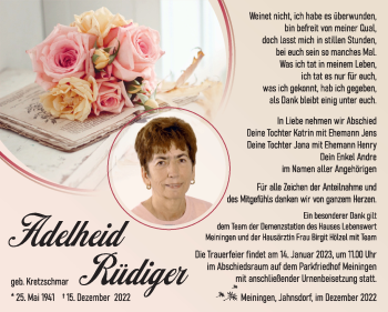 Traueranzeige von Adelheid Rüdiger von Südthüringer Presse