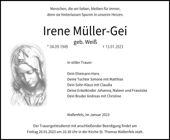 Traueranzeige von Müller-Gei Irene von Neue Presse Coburg
