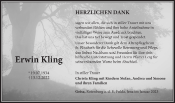 Traueranzeige von Erwin Kling von Südthüringer Presse