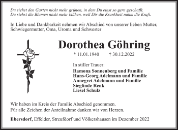 Traueranzeige von Dorothea Göhring von Südthüringer Presse