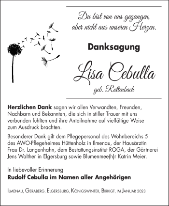 Traueranzeige von Lisa Cebulla von Südthüringer Presse