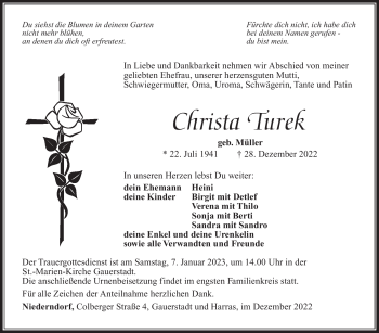 Traueranzeige von Christa Turek von Südthüringer Presse