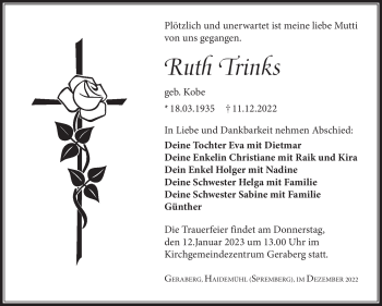 Traueranzeige von Ruth Trinks von Südthüringer Presse