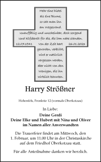 Traueranzeige von Harry Strößner von Frankenpost