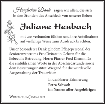 Traueranzeige von Juliane Heubach von Südthüringer Presse