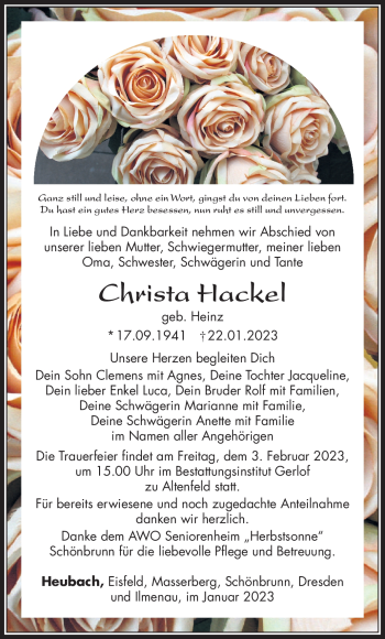 Traueranzeige von Christa Hackel von Südthüringer Presse