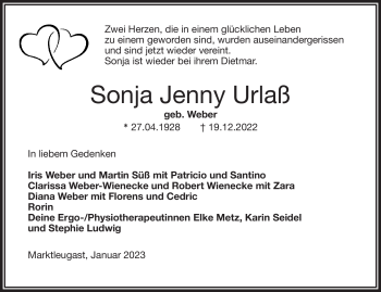 Traueranzeige von Sonja Jenny Urlaß von Frankenpost