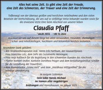 Traueranzeige von Claudia Pfaff von Südthüringer Presse