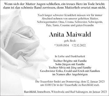Traueranzeige von Anita Maiwald von Südthüringer Presse