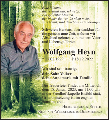 Traueranzeige von Wolfgang Heyn von Südthüringer Presse
