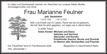 Traueranzeige von Marianne Feulner von Frankenpost