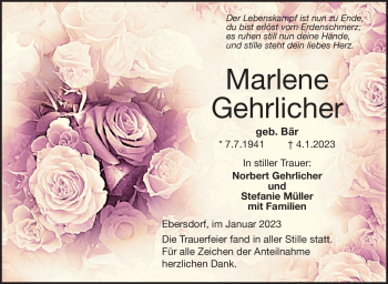 Traueranzeige von Marlene Gehrlicher von Neue Presse Coburg