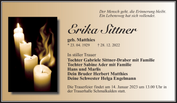 Traueranzeige von Erika Sittner von Südthüringer Presse