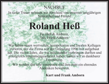 Traueranzeige von Roland Heß von Südthüringer Presse