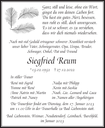 Traueranzeige von Siegfried Reum von Südthüringer Presse