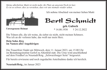 Traueranzeige von Bertl Schmidt von Südthüringer Presse