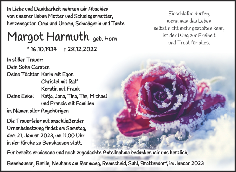  Traueranzeige für Margot Harmuth vom 07.01.2023 aus Südthüringer Presse