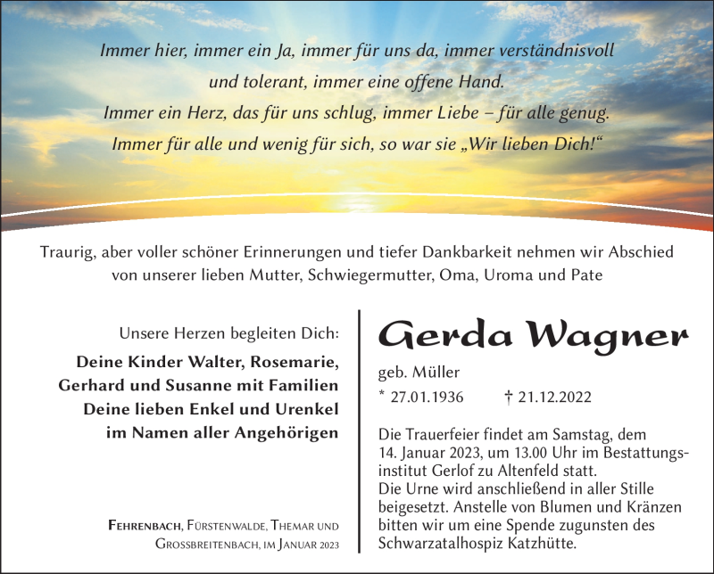  Traueranzeige für Gerda Wagner vom 07.01.2023 aus Südthüringer Presse