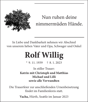 Traueranzeige von Rolf Willig von Südthüringer Presse