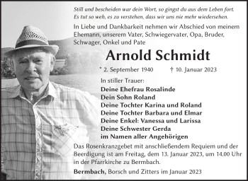 Traueranzeige von Arnold Schmidt von Südthüringer Presse