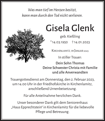 Traueranzeige von Gisela Glenk von Frankenpost