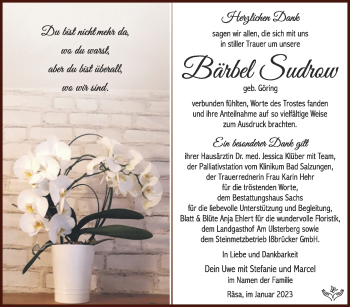 Traueranzeige von Bärbel Sudrow von Südthüringer Presse