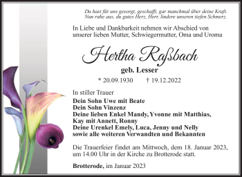 Traueranzeige von Hertha Raßbach von Südthüringer Presse