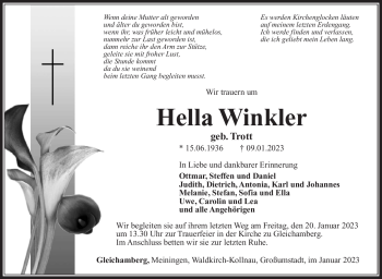 Traueranzeige von Hella Winkler von Südthüringer Presse