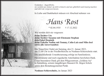 Traueranzeige von Hans Rost von Südthüringer Presse