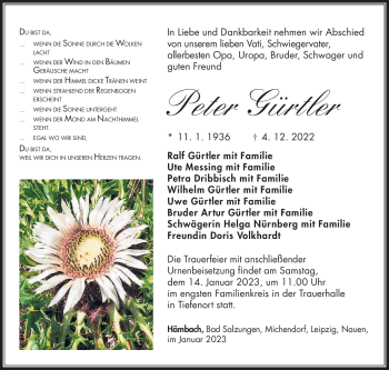 Traueranzeige von Peter Gürtler von Südthüringer Presse