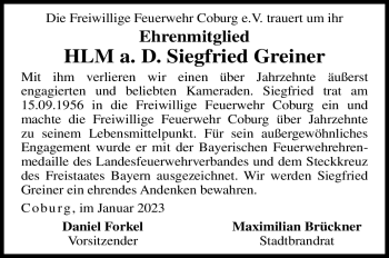 Traueranzeige von Siegfried Greiner von Neue Presse Coburg
