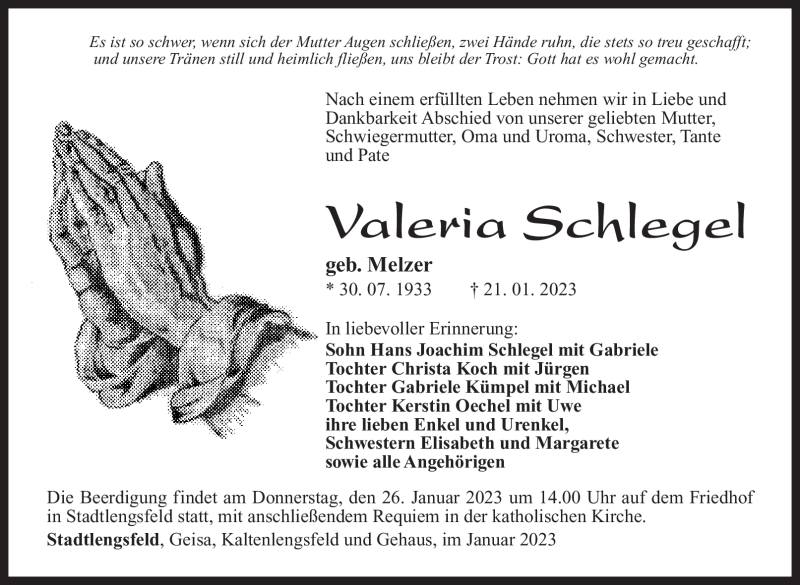  Traueranzeige für Valeria Schlegel vom 24.01.2023 aus Südthüringer Presse