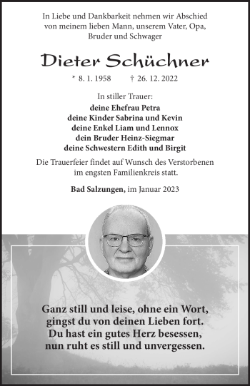 Traueranzeige von Dieter Schüchner von Südthüringer Presse