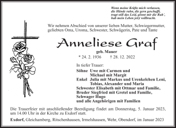 Traueranzeige von Anneliese Graf von Südthüringer Presse