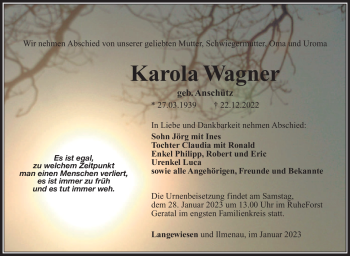 Traueranzeige von Karola Wagner von Südthüringer Presse