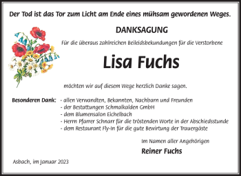 Traueranzeige von Lisa Fuchs von Südthüringer Presse