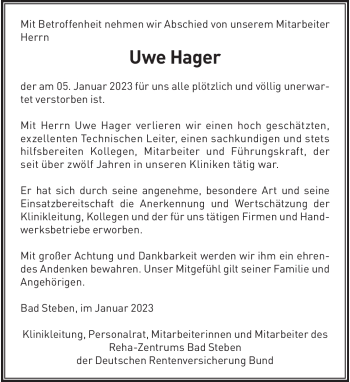 Traueranzeige von Uwe Hager von Frankenpost